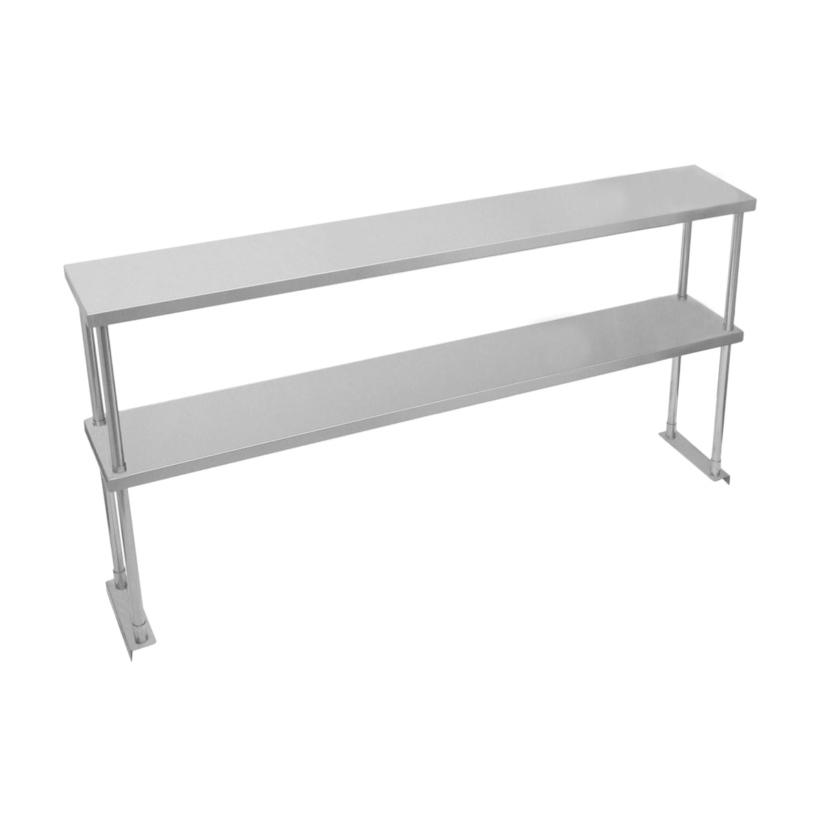 Edelstahl Doppel-Regal mit zwei stabilen Ablagen, 150 cm lang, glänzende Oberfläche, modernes Design, ideal für Gastronomie und Küchenorganisation