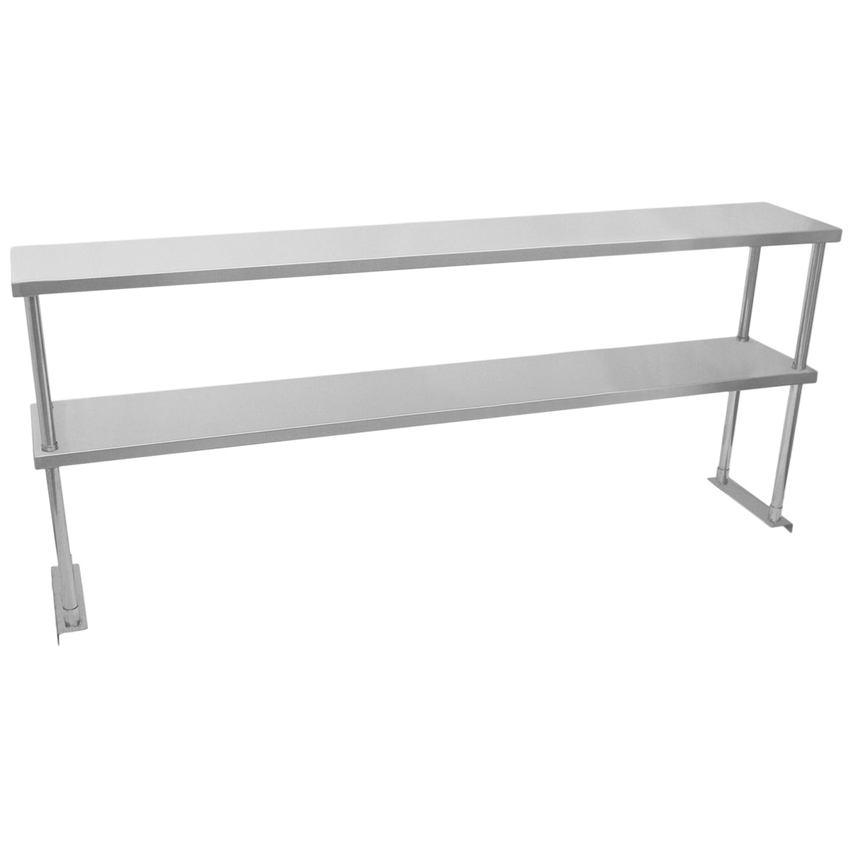 Hochwertiges Edelstahlregal mit zwei Ablagen, 180 cm lang, glänzende Oberfläche, robuste Konstruktion, ideal für Gastronomie und Küchenbedarf