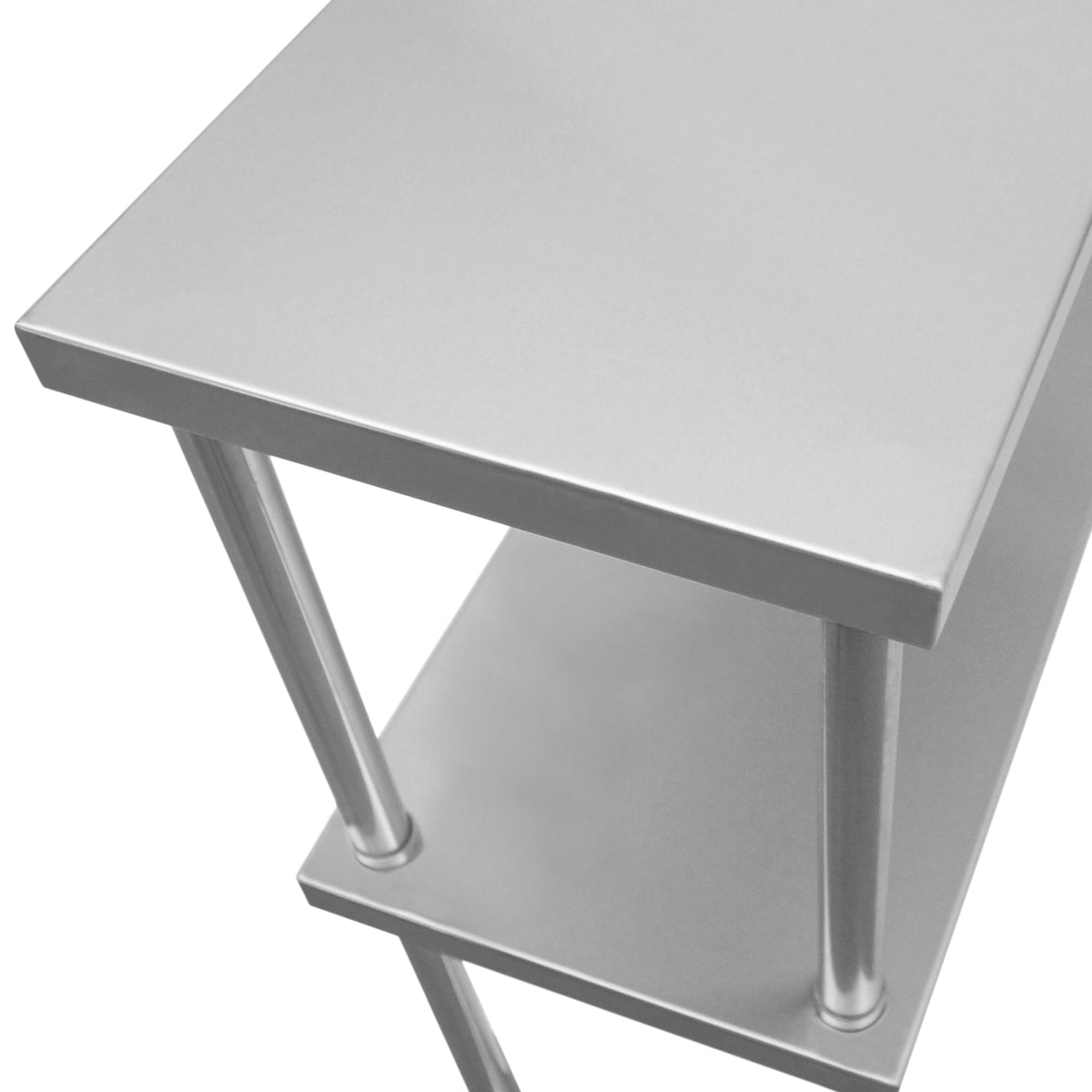 Hochwertiges Edelstahlregal in Silber mit zwei stabilen Ablagen, ideal für Gastronomie und Küchen, modernes Design und glatte Oberfläche