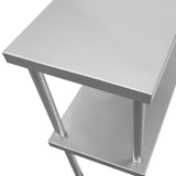Hochwertiges Edelstahlregal in Silber mit zwei stabilen Ablagen, ideal für Gastronomie und Küchen, modernes Design und glatte Oberfläche