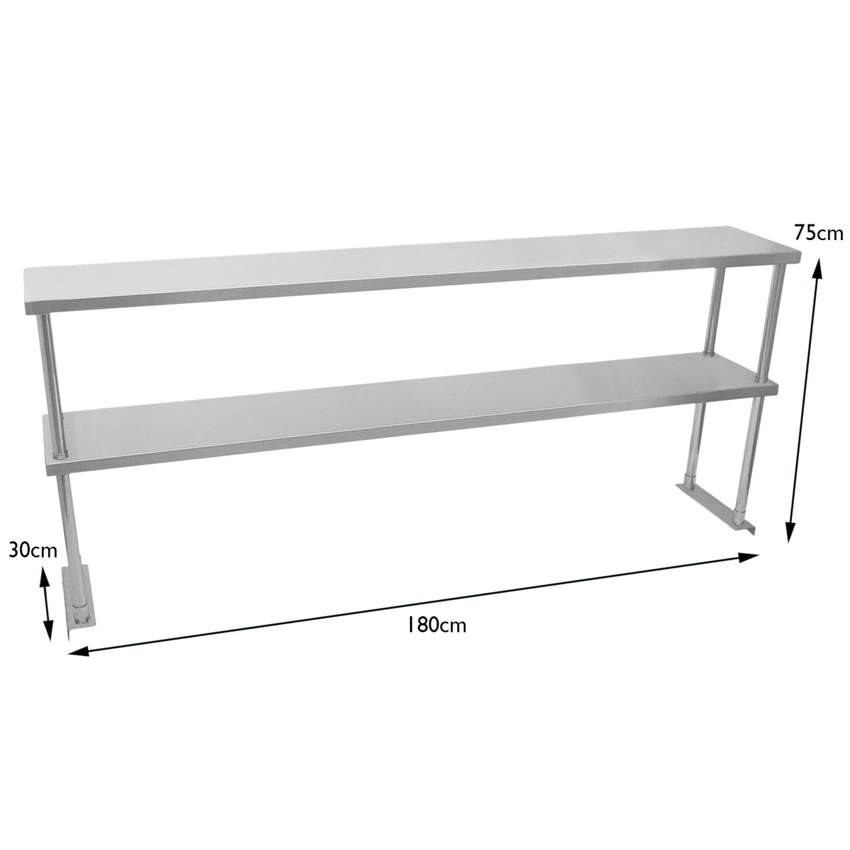 Kukoo Gastronomie Edelstahl Regal in silber, 180 cm lang, 75 cm hoch und 30 cm tief, mit zwei stabilen Ablagen für vielseitige Nutzung in der Gastronomie