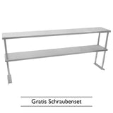 Hochwertiges Edelstahlregal mit zwei stabilen Ablagen, 180 cm lang, glänzende Oberfläche, ideal für Gastronomie und Lagerung, inklusive Schraubenset