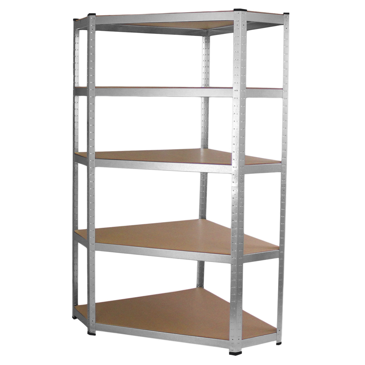 Eckregal aus silbernem Metall mit fünf stabilen, braunen Holzregalen, ideal für Werkstätten oder Lager, bietet viel Stauraum und robuste Konstruktion