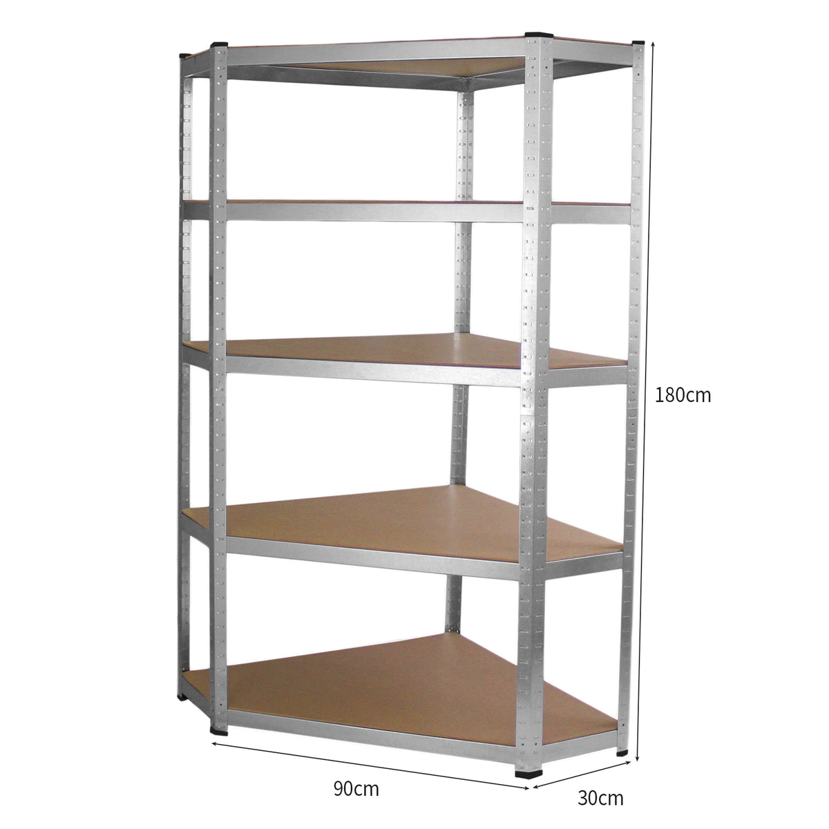 Eckregal aus robustem Metall mit fünf stabilen Regalböden, silberne Oberfläche, ideal für Lagerung und Organisation, 90 cm breit und 180 cm hoch