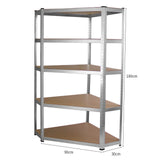 Eckregal aus robustem Metall mit fünf stabilen Regalböden, silberne Oberfläche, ideal für Lagerung und Organisation, 90 cm breit und 180 cm hoch