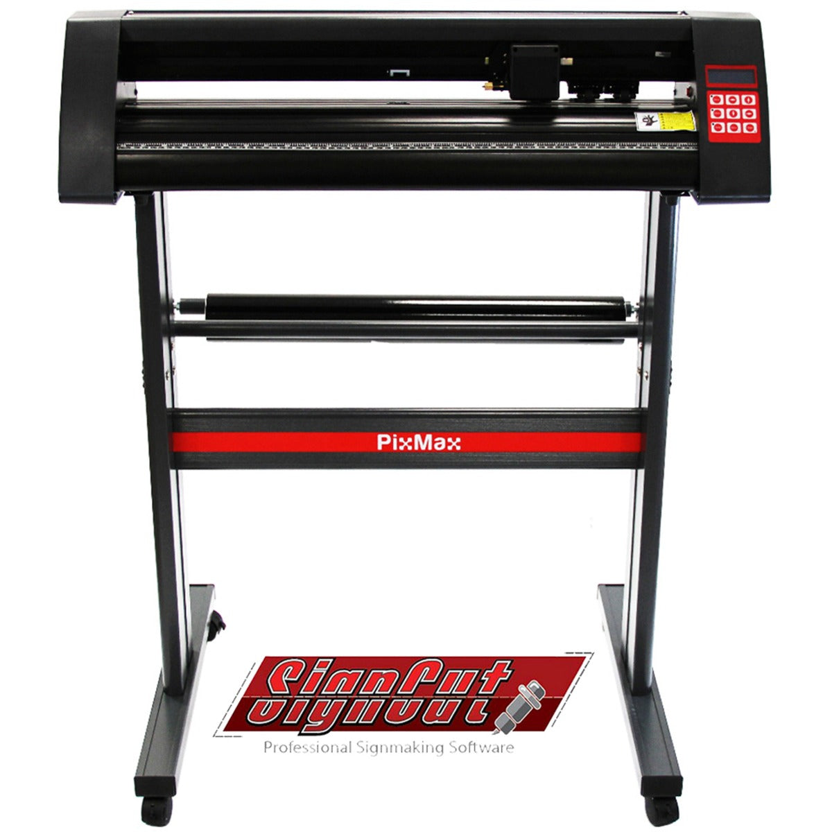 Schwarzer PixMax 720mm Schneideplotter mit rotem Logo, stabiler Metallrahmen und Bedienfeld, ideal für präzises Schneiden von Folien und Materialien