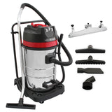 Robuster Maxblast Industriesauger mit 80 Litern, 3000W, glänzendem Edelstahlbehälter, rotem Deckel, flexibler Schlauch und verschiedenen Aufsätzen für vielseitige Anwendungen