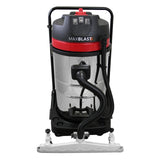 Maxblast 80 Liter Industriesauger in glänzendem Edelstahl mit rotem Deckel, robustem Schlauch und stabilen Rollen für effizientes Saugen in Industrieumgebungen