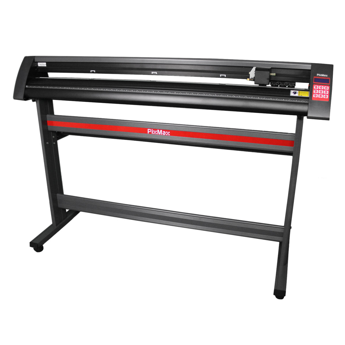 Schwarzer 1350 mm Vinylschneider mit rotem Streifen, stabiler Metallständer, präziser Schneidekopf und benutzerfreundliches Bedienfeld für einfaches Arbeiten