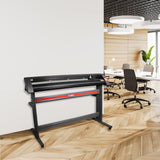 Schwarzer 1350mm Vinylschneider mit rotem Akzent, auf einem stabilen Ständer, platziert in einem modernen Büro mit Holzboden und stilvollen Möbeln