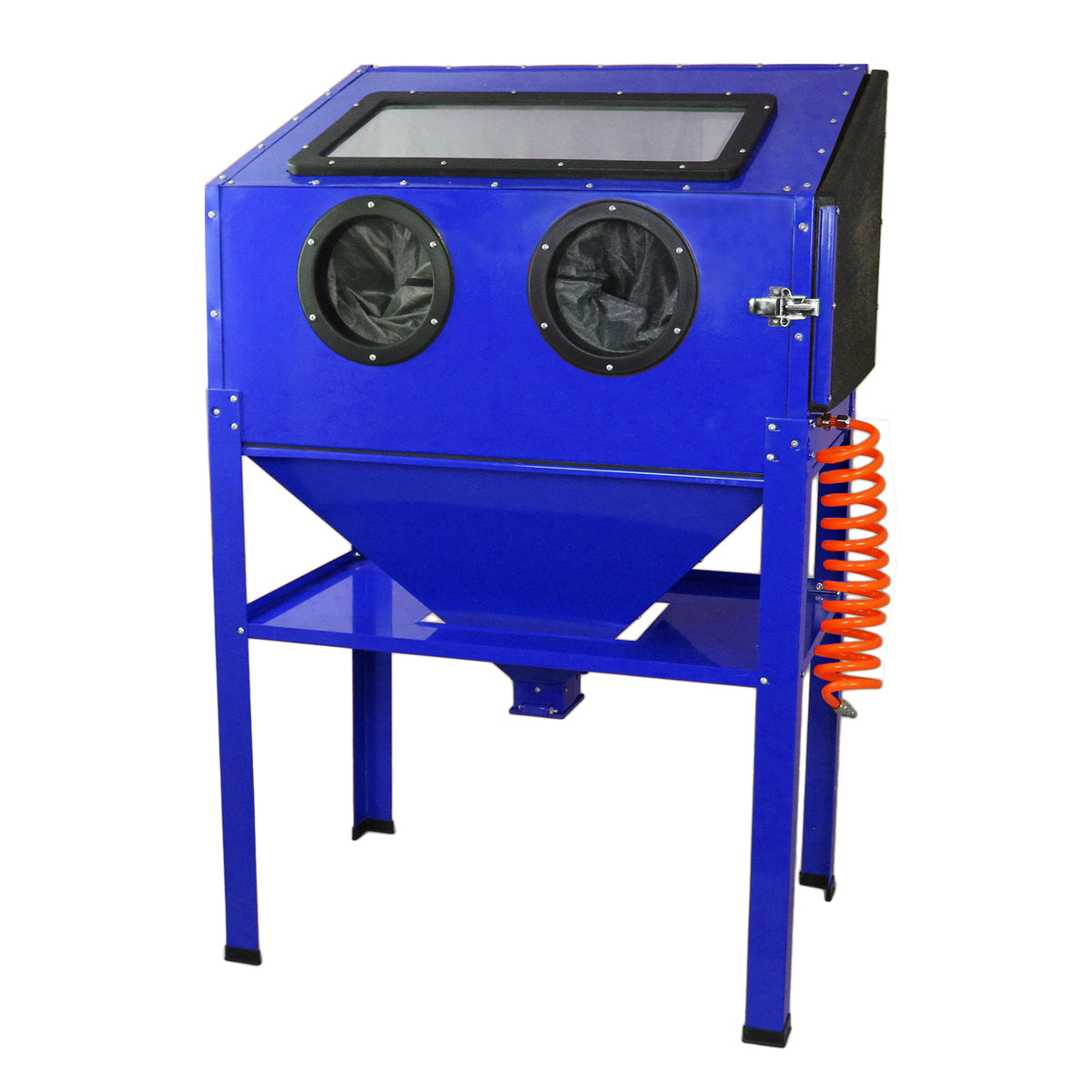 Robuste MAXBLAST Sandstrahlkabine in leuchtendem Blau mit zwei Sichtfenstern, stabiler Metallkonstruktion und flexibler Schlauchleitung für effizientes Sandstrahlen
