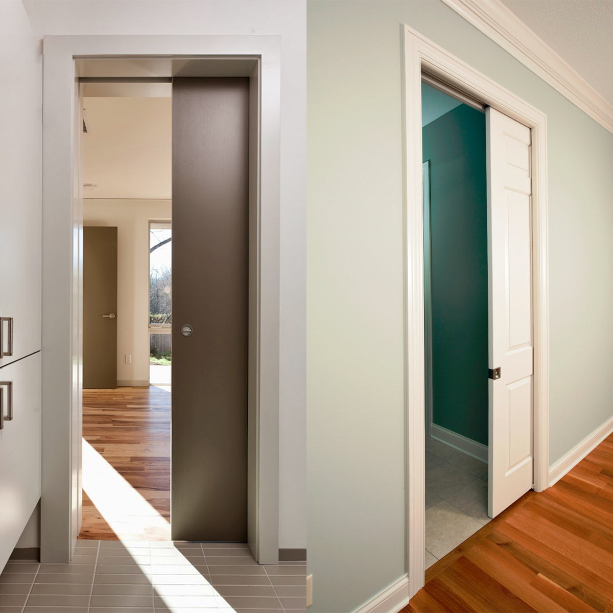 Schiebetürsystem in modernem Design, links in Braun und rechts in Weiß, mit glatten Oberflächen und eleganten Rahmen, ideal für platzsparende Lösungen