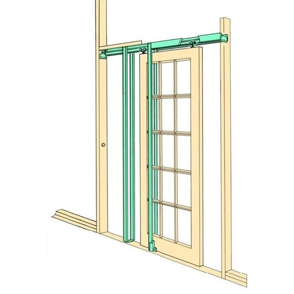 Schiebetürsystem mit transparenten Schienen und einem Holzrahmen, ideal für platzsparende Lösungen in modernen Innenräumen