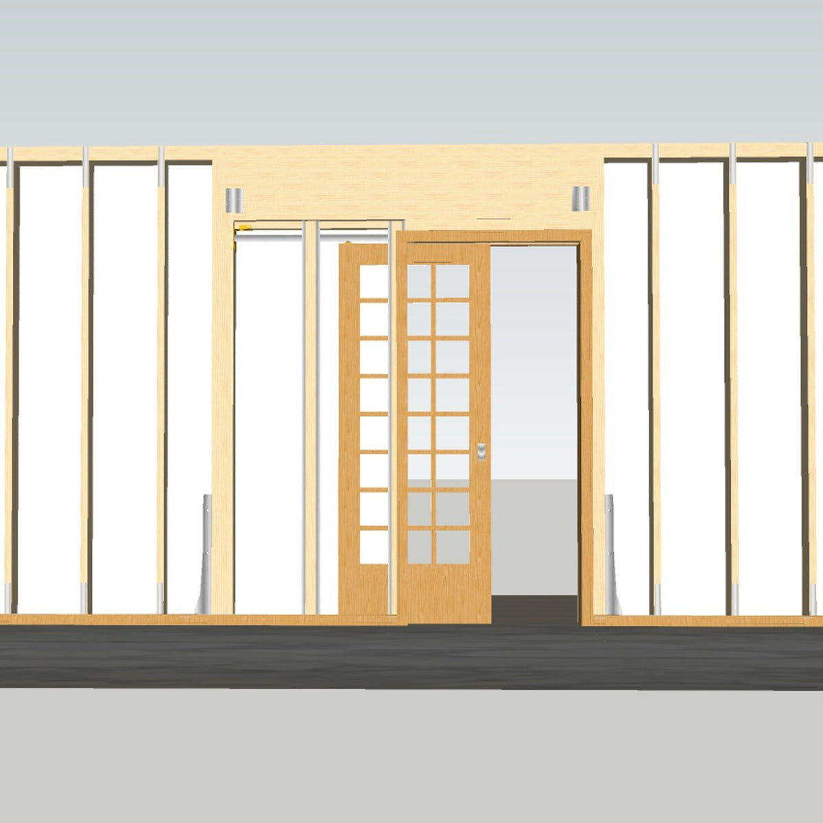 Schiebetürsystem mit Holzrahmen und Glaselementen, ideal für platzsparende Lösungen, zeigt die Montageanleitung und Strukturdetails in neutralen Farben