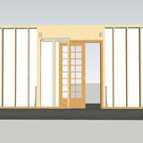 Schiebetürsystem mit Holzrahmen und Glaselementen, ideal für platzsparende Lösungen, zeigt die Montageanleitung und Strukturdetails in neutralen Farben