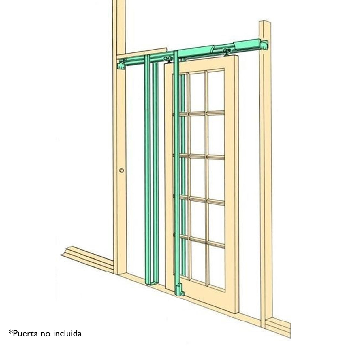 Pocket Schiebetürsystem in einem minimalistischen Design, mit grünen Schienen und einer transparenten Glastür, ideal für platzsparende Lösungen