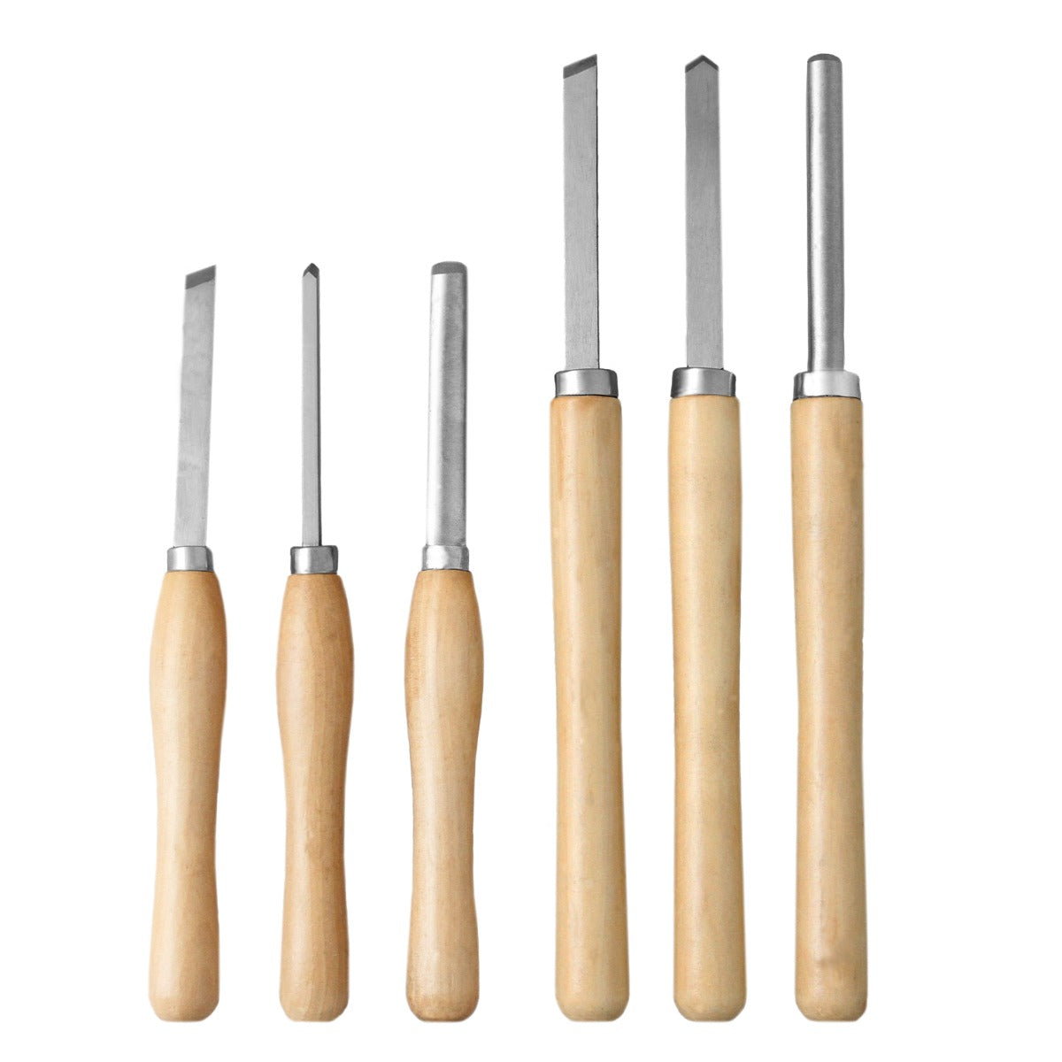 Sechs Holzschnitzwerkzeuge mit ergonomischen Holzgriffen und robusten Metallklingen, ideal für präzises Drechseln und Holzarbeiten
