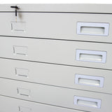 Grauer Architektenschrank mit fünf Schubladen, schlüsselsicher, klare Etikettenfenster, glatte Oberfläche und modernes Design für Büros und Studios