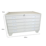 Der Monstershop A1 Architektenschrank in hellem Grau, mit sechs Schubladen, robustem Metallmaterial und klaren Griffen, ideal für die Aufbewahrung von Plänen und Zeichnungen