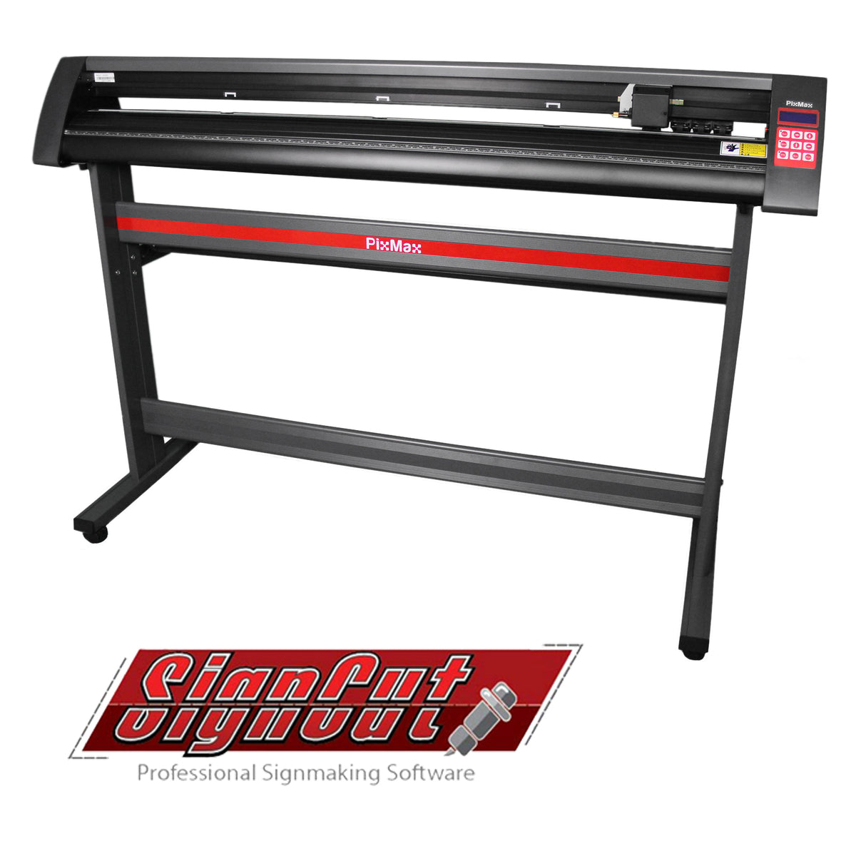 Schwarzer PixMax XL 1350mm Schneideplotter mit rotem Akzent, ausgestattet mit Software für professionelles Beschildern und präzises Schneiden