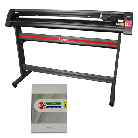 Schwarzer PixMax XL 1350mm Schneideplotter mit rotem Streifen, ausgestattet mit Flexi Starter Software und Bedienungsanleitung in grauem und gelbem Design