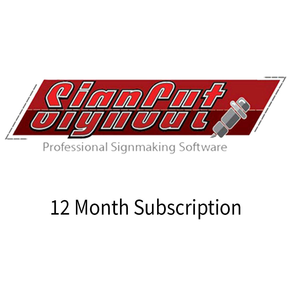 SignCut Pro Software Logo in rot und grau, mit dem Text "Professional Signmaking Software" und "12 Month Subscription" in klarer, moderner Schrift