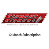 SignCut Pro Software Logo in rot und grau, mit dem Text "Professional Signmaking Software" und "12 Month Subscription" in klarer, moderner Schrift