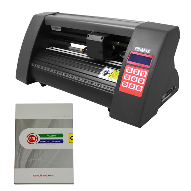 Schwarzer PixMax 360mm Mini Schneideplotter mit rotem Display und Flexi Starter Software, ideal für präzise Schneidarbeiten und kreative Projekte