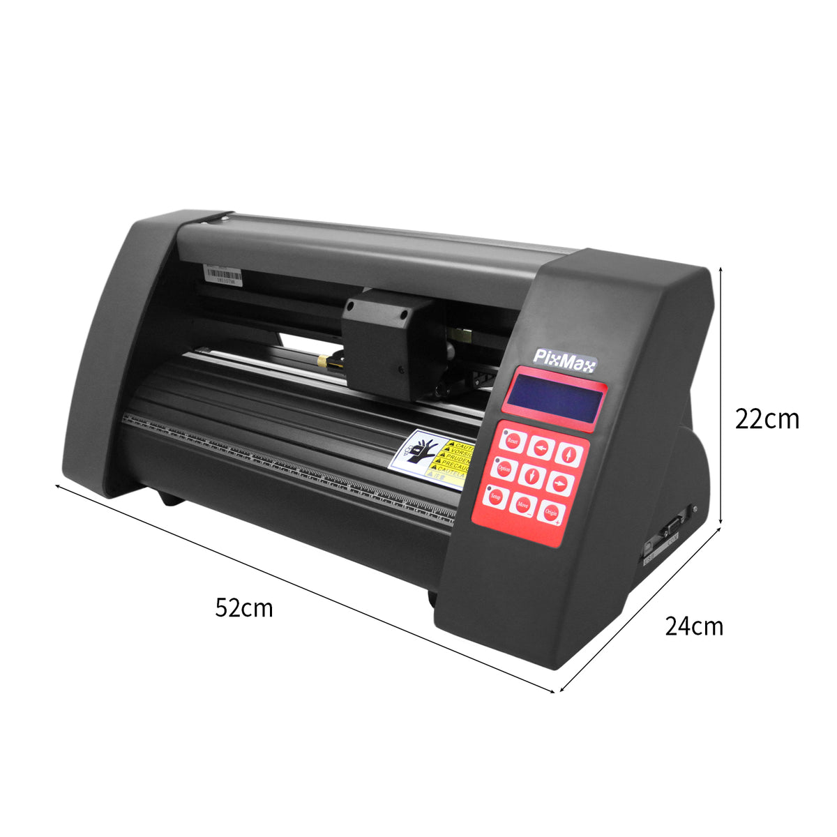 Schwarzer PixMax 360mm Mini Schneideplotter mit rotem Bedienfeld, kompaktem Design und präzisen Schneidefunktionen, ideal für kreative Projekte