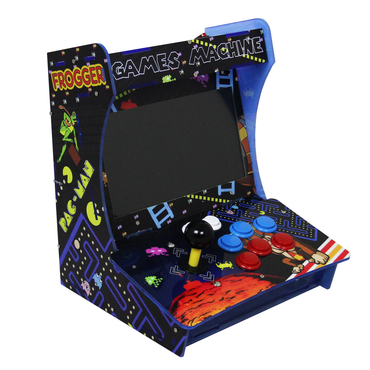 Bunter Retro Arcade-Spielautomat mit einem schwarzen Bildschirm, farbigen Tasten in Rot, Blau und Gelb sowie einem nostalgischen Design mit klassischen Spielmotiven