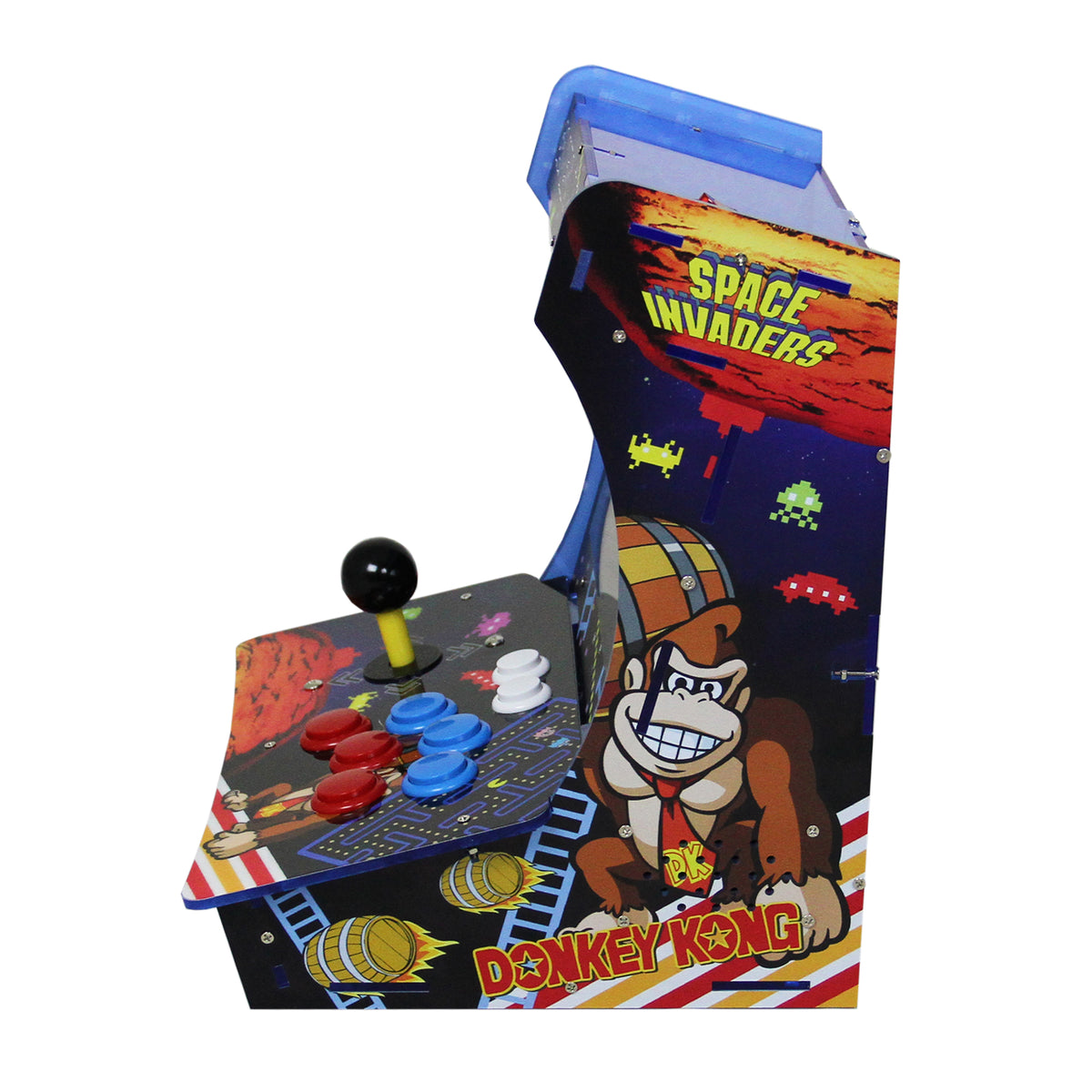 Bunter Retro Arcade Spielautomat mit Donkey Kong und Space Invaders, farbenfrohen Tasten, glänzender Oberfläche und klassischem Design