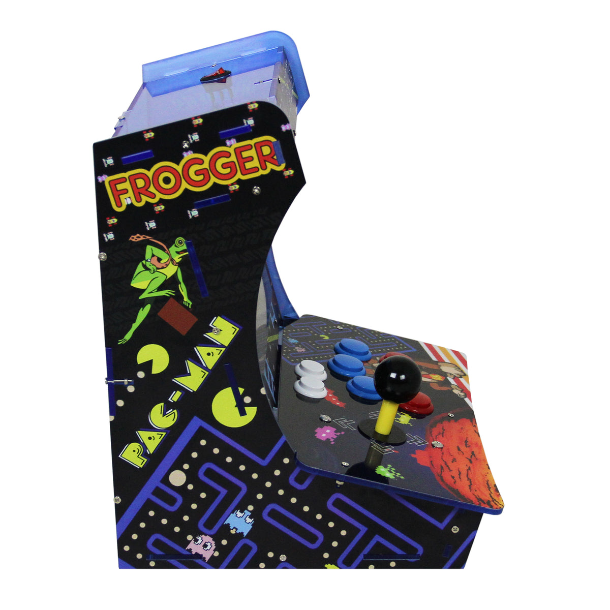 Retro Arcade-Spielautomat mit buntem Froger- und Pac-Man-Design, leuchtenden Tasten und klassischem Joystick, ideal für nostalgische Spieler