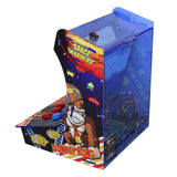 Retro Arcade-Spielautomat in bunten Farben, mit Donkey Kong und Space Invaders Grafik, leuchtenden Tasten und transparentem Gehäuse