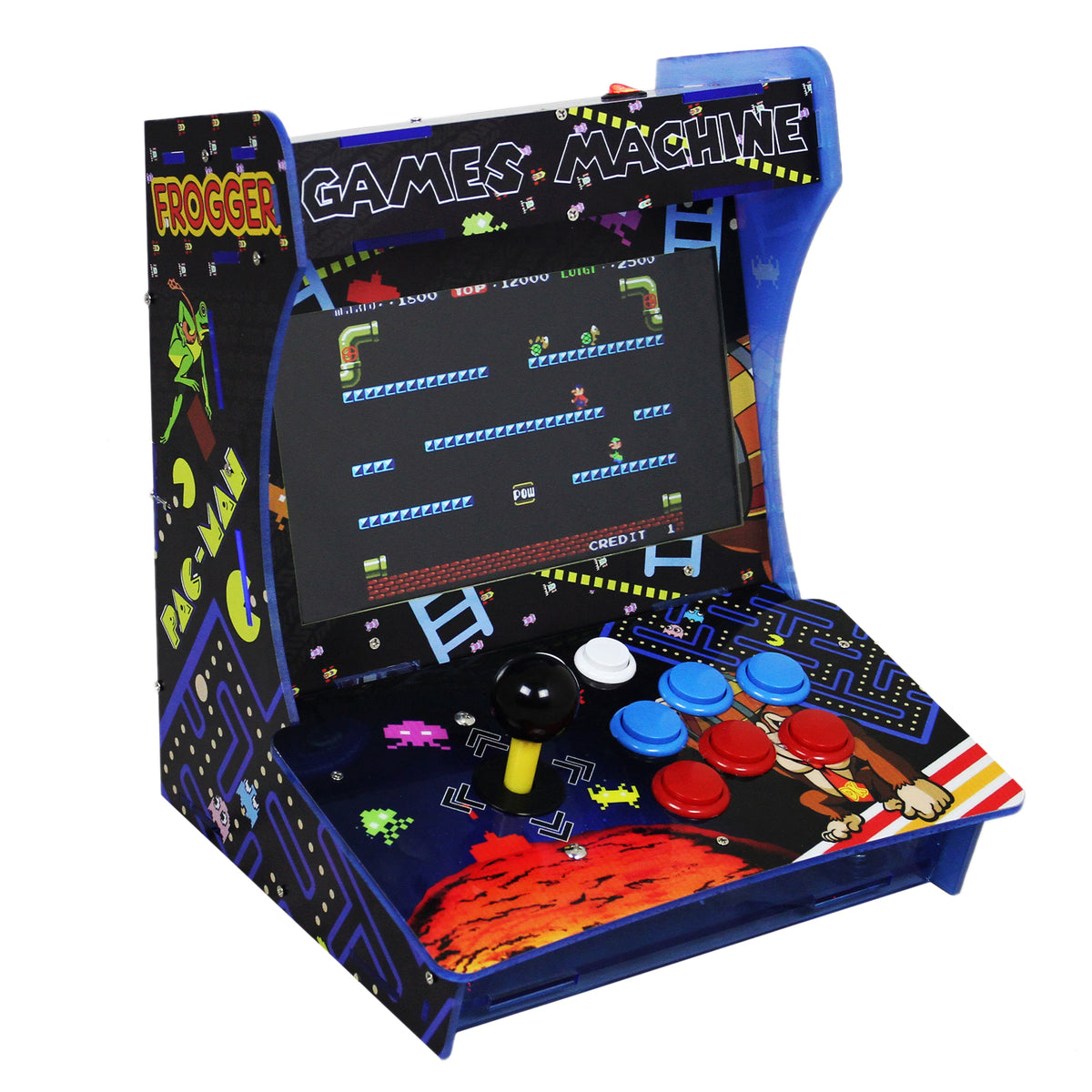 Bunter Retro Arcade-Spielautomat mit einem Bildschirm, der das Spiel Frogger zeigt, und farbigen Tasten in Blau, Rot und Gelb