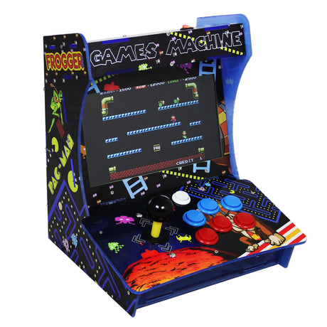 Bunter Retro Arcade-Spielautomat mit einem Bildschirm, der das Spiel Frogger zeigt, und farbigen Tasten in Blau, Rot und Gelb