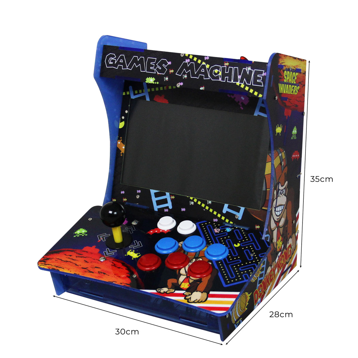 Retro Arcade-Spielautomat in lebhaften Farben, mit einem schwarzen Bildschirm, bunten Tasten und einem Joystick, ideal für nostalgische Spielerlebnisse