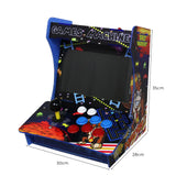 Retro Arcade-Spielautomat in lebhaften Farben, mit einem schwarzen Bildschirm, bunten Tasten und einem Joystick, ideal für nostalgische Spielerlebnisse
