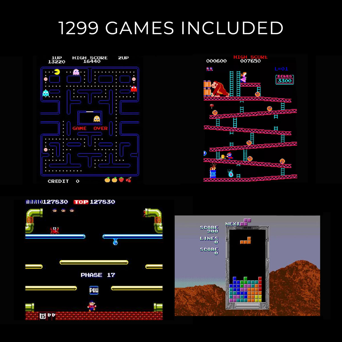 Retro Arcade-Spielautomat mit vier klassischen Spielen, darunter Pac-Man und Tetris, in bunten Grafiken auf einem dunklen Hintergrund