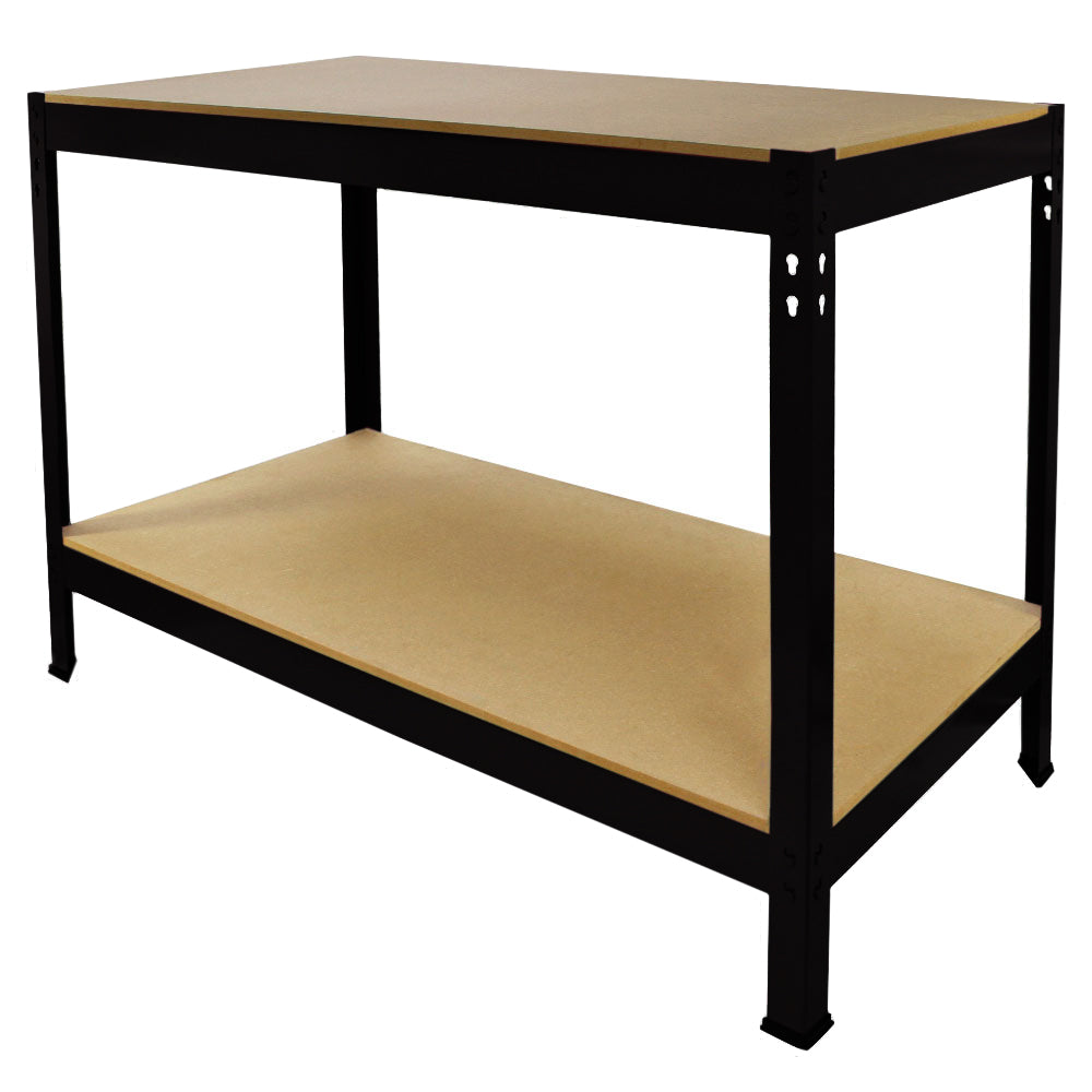 Schwarze Q-Rax Werkbank mit 100 cm breiter, stabiler Holzplatte und unterer Ablagefläche, ideal für Werkstätten und Hobbyräume