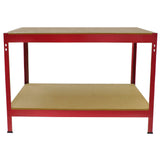 Robuste Werkbank in leuchtendem Rot mit zwei stabilen Ablageflächen aus Holzwerkstoff, ideal für Werkstätten und Hobbyräume