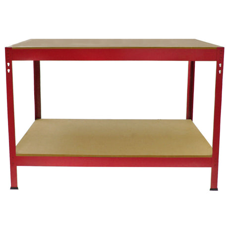 Robuste Werkbank in leuchtendem Rot mit zwei stabilen Ablageflächen aus Holzwerkstoff, ideal für Werkstätten und Hobbyräume