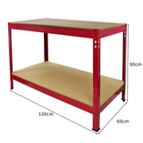 Robuste Werkbank in Rot mit einer stabilen MDF-Oberfläche, 120 cm lang, 60 cm breit und 90 cm hoch, ideal für Werkstätten und Garagen