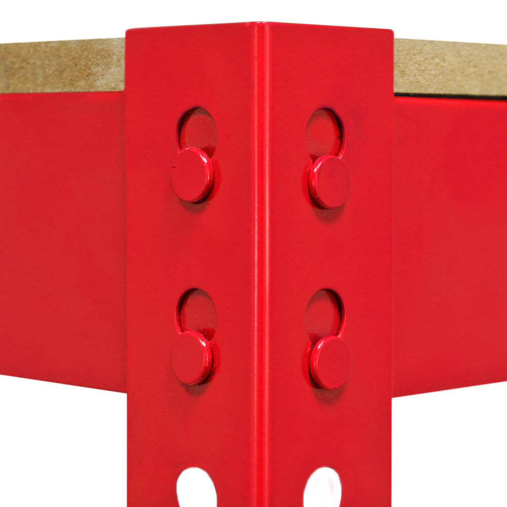 Robuste Q-Rax Werkbank in leuchtendem Rot mit stabilen Metallbeinen und einer glatten Holzarbeitsfläche, ideal für Werkstätten und Heimprojekte