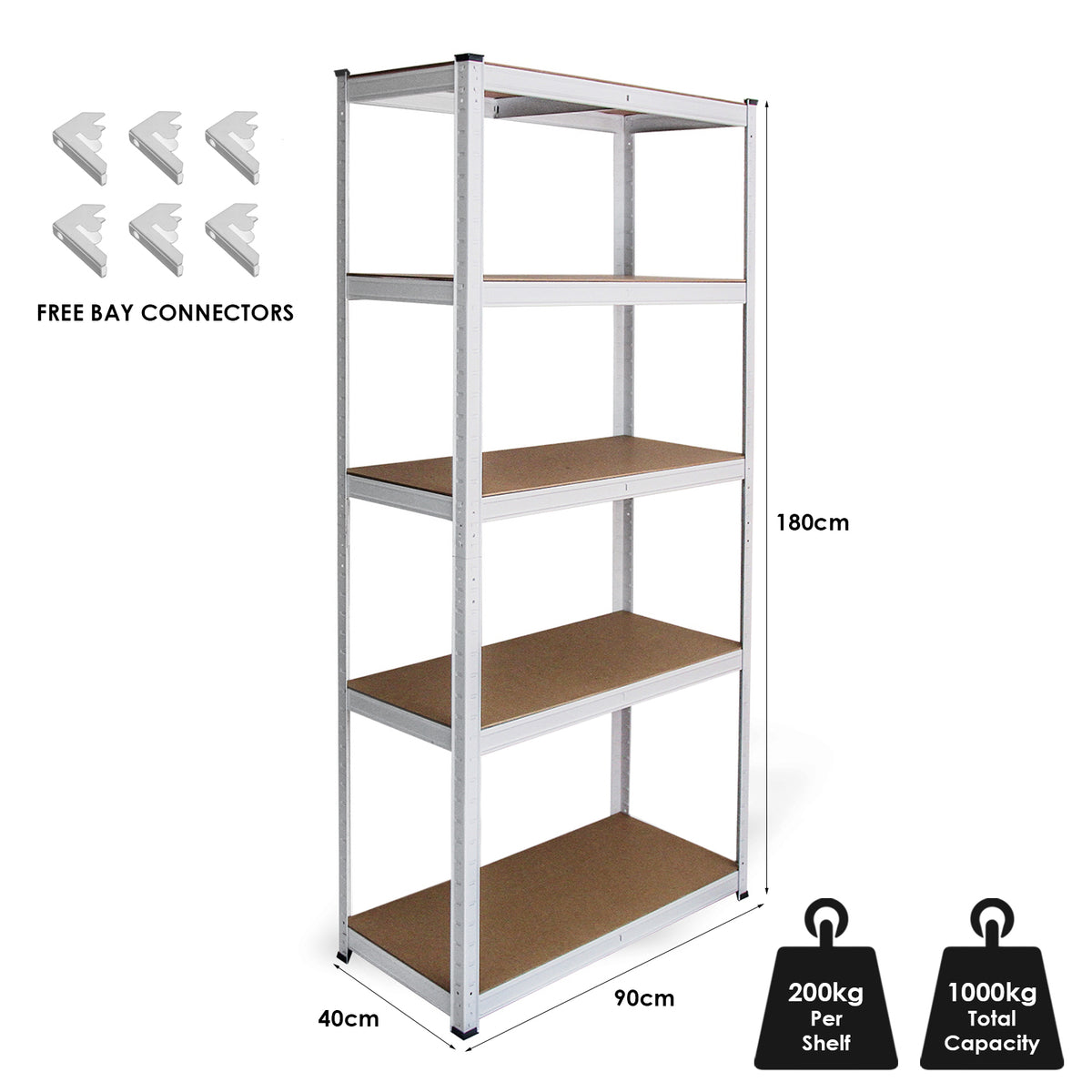 Weiße Regalsysteme mit fünf stabilen Regalböden aus Holz, 90 x 40 x 180 cm, robustes Metallgestell, ideal für Lagerung und Organisation