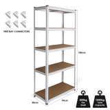 Weiße Regalsysteme mit fünf stabilen Regalböden aus Holz, 90 x 40 x 180 cm, robustes Metallgestell, ideal für Lagerung und Organisation