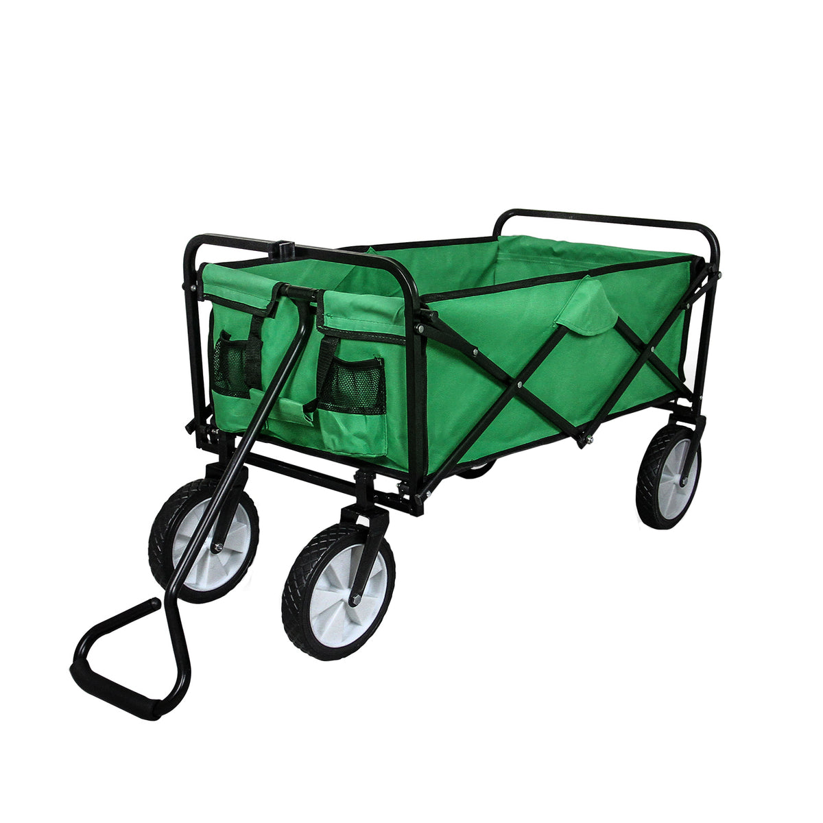 Faltbarer Gartenwagen in leuchtendem Grün mit stabilen schwarzen Rädern und einem robusten Gestell, ideal für Gartenarbeit und Transport von Pflanzen