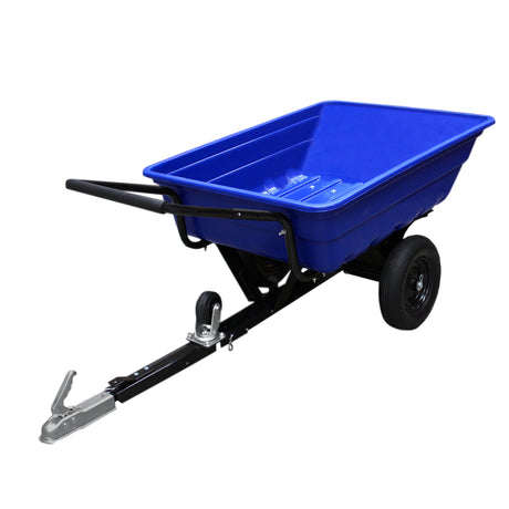 Blauer T-Mech ATV Anhänger mit Luftreifen, stabiler Metallrahmen, geräumige Kunststoffwanne, ideal für Transport und Gartenarbeiten
