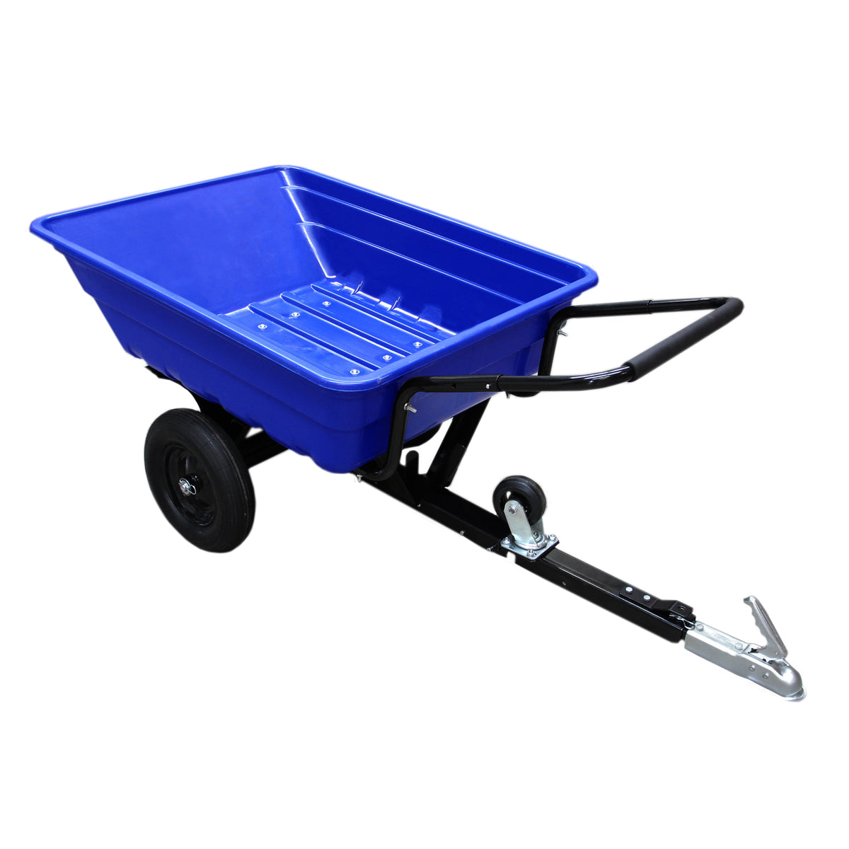 Blauer T-Mech ATV Anhänger mit Luftreifen, stabiler Rahmen, große Ladefläche, ideal für Garten- und Transportarbeiten, robust und vielseitig einsetzbar