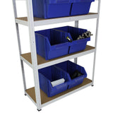 Robuste blaue Lagerkästen aus Kunststoff, auf einem stabilen Regalsystem angeordnet, ideal zur Aufbewahrung von Werkzeugen und Materialien