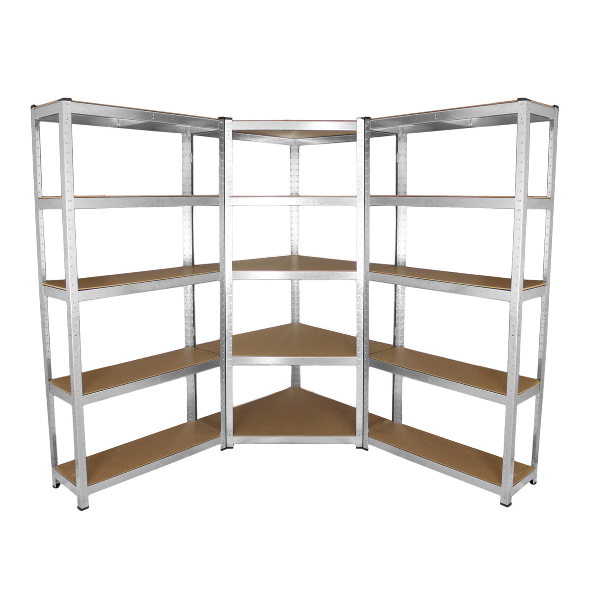 Eckregal aus robustem Metall mit 90 cm Höhe, verfügt über fünf stabile Regalböden in Holzoptik, ideal für Lagerung und Organisation